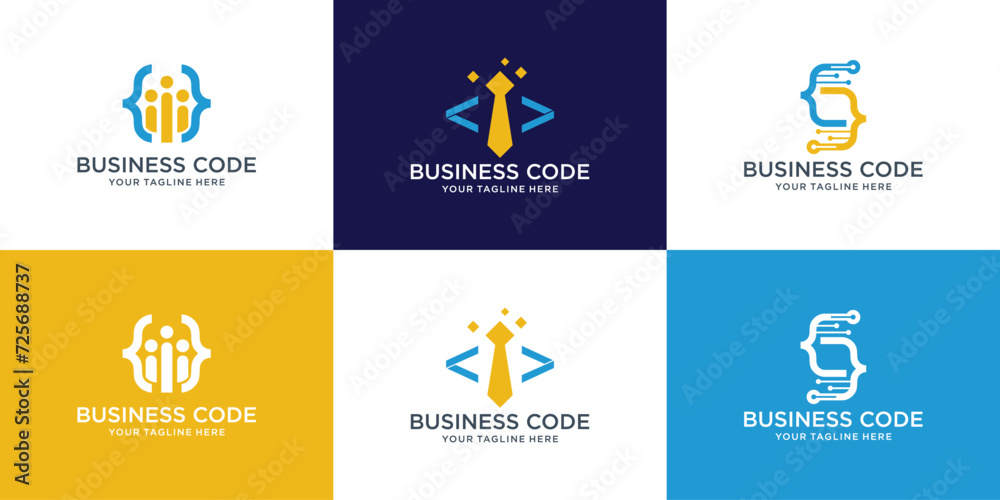 Wall mural set of coding logo template, modern code logo for programmer with business man, tie, technology conc
