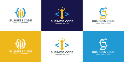 Set of Coding logo template, Modern code logo for programmer with business man, tie, technology concept. - obrazy, fototapety, plakaty