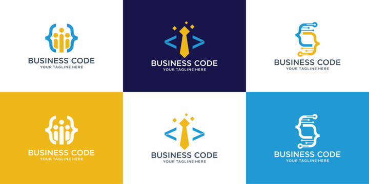 Set of Coding logo template, Modern code logo for programmer with business man, tie, technology concept.