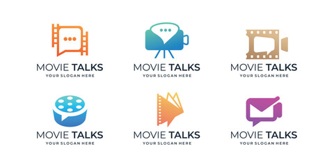 Set of movie talk logo, cinema forum icon, film roll combine with bubble speech logo concept