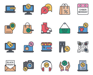 Filled color outline icons set for Black Friday.