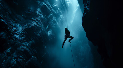rock climber hangs on a rope in a deep abyss