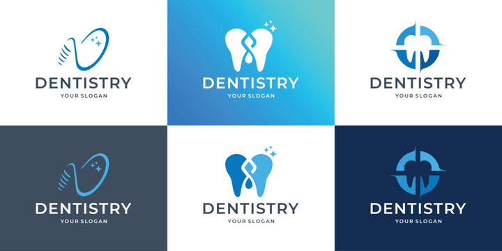 icon bundle of dentistry, dental care, dentist logo design with blue and white color background template illustration