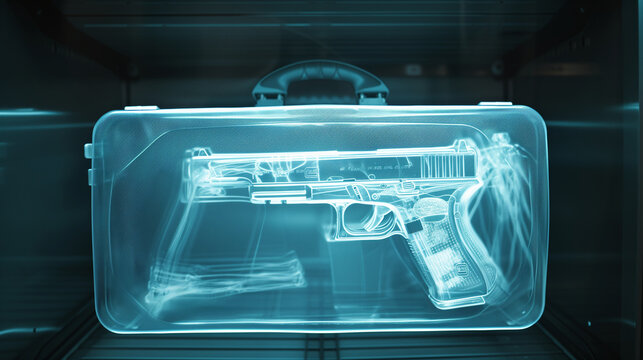 A suitcase with a gun inside is seen on the X-ray screen of the airport security service