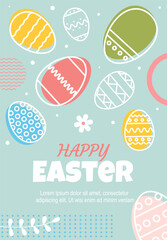 Spring pattern for banners, posters, cover design templates with Easter eggs, spring flowers, geometric elements. Happy Easter. Easter floral backgrounds with copy space for text