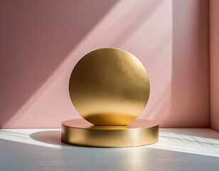 an abstract minimal scene featuring a round golden podium, a soft pink wall background