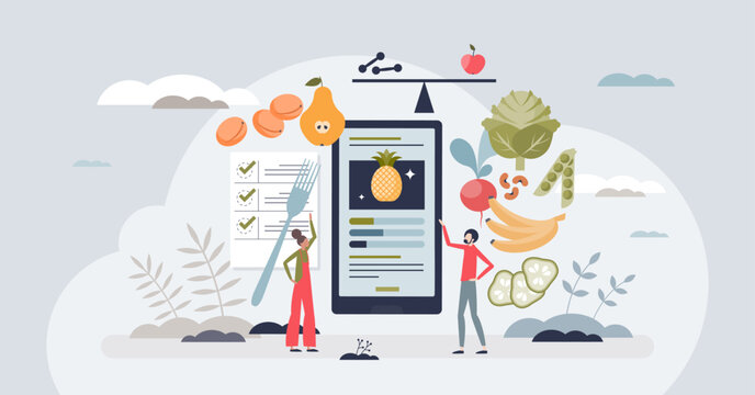 Personal nutrition couching with dietary advice trainer tiny person concept. Weight loss program instructor with food calories counting app vector illustration. Coach for slimming and well being.