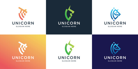 set of minimalist unicorn logos, Abstract line art style unicorn head with gradient color inspiration.