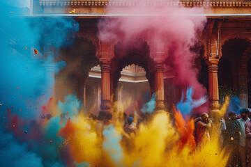 Holi festival. A vibrant crowd celebrates Holi festival of colors with clouds of bright powders filling the air at a temple in India.
