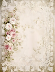Obraz na płótnie Canvas Vintage Wedding Scrapbook Paper Journal, Lace, Florals, flowers, empty space, green, pink, ivory, white, border
