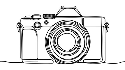 One single line drawing of old retro analog slr camera with telephoto lens.