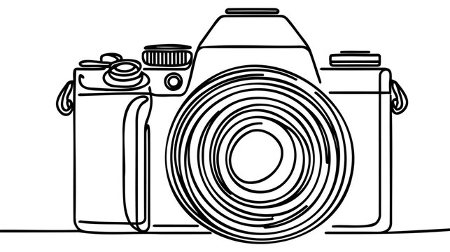 One single line drawing of old retro analog slr camera with telephoto lens.