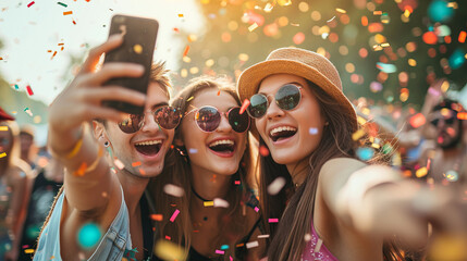 Group of friends taking selfie at music festival