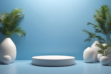 Product Showcase white podium on blue background, Realistic and High-Quality Render