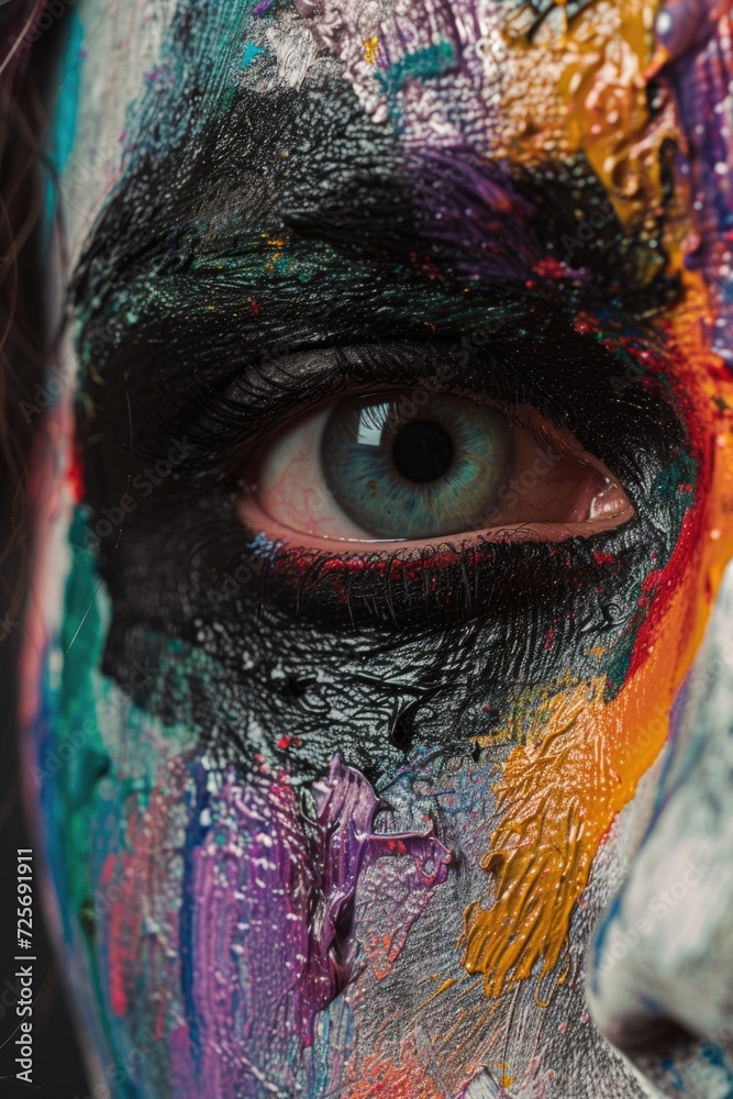 Poster A close-up view of a person's face with colorful paint applied. This image can be used for various creative projects and artistic concepts