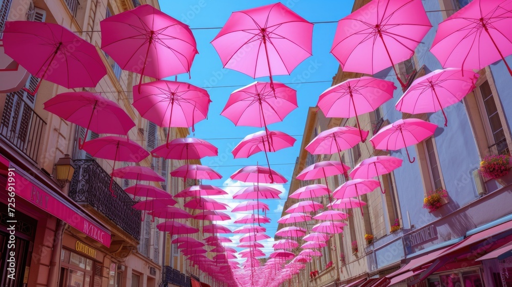 Poster Many pink umbrellas hanging from the ceiling of a street. Perfect for adding a vibrant and colorful touch to any urban scene