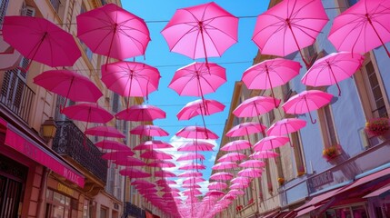 Fototapeta na wymiar Many pink umbrellas hanging from the ceiling of a street. Perfect for adding a vibrant and colorful touch to any urban scene