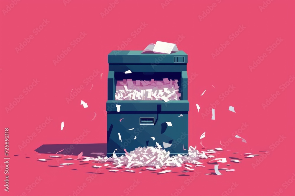 Poster a pile of shredded paper sitting on top of a filing cabinet. can be used to depict a messy office en