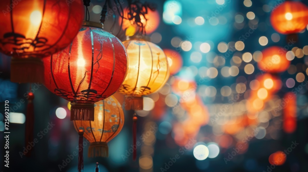Aufkleber A vibrant collection of red and yellow lanterns suspended from the ceiling. Perfect for adding a festive atmosphere to any event or occasion