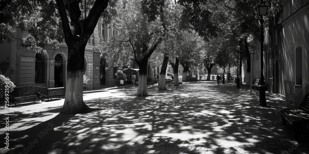 Poster A black and white photo of a tree-lined street. Perfect for adding a touch of elegance and nostalgia to any project