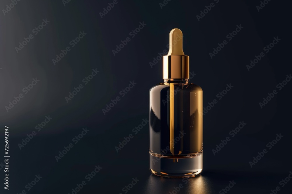 Poster a bottle of liquid with a gold cap sitting on a table. suitable for various uses