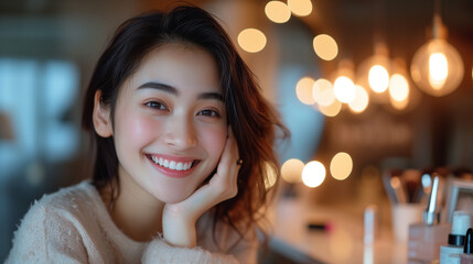 young Asian woman Eye-catching, bright and cheerful Using skincare in front of a mirror