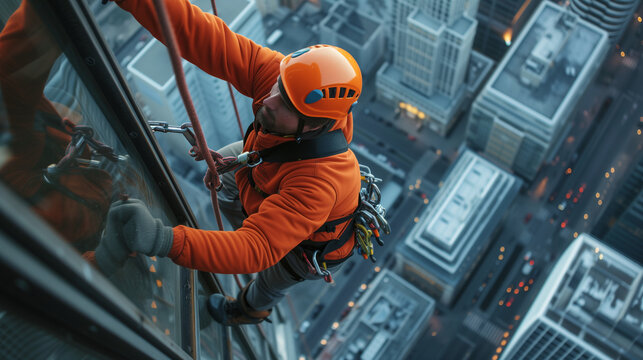 An industrial climber hangs at heights, skillfully and safely performing complex tasks on buildings and structures
