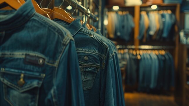 A row of jeans hanging on a rack in a store. Suitable for fashion or retail concepts