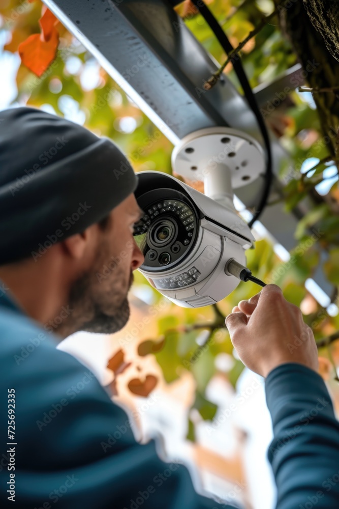 Poster A man is captured looking at a camera that is attached to a tree. This image can be used for various purposes