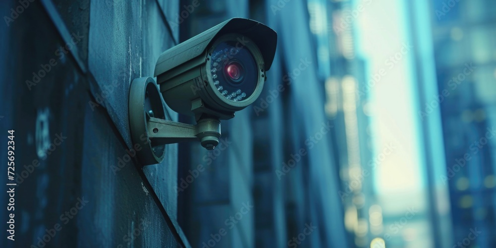 Poster a camera mounted on the side of a building, providing surveillance and monitoring capabilities. idea
