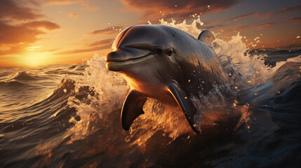 Dolphin in the sea waves at sunset