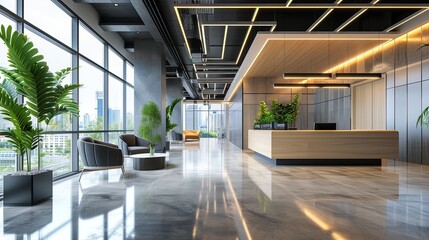 Interior of modern office waiting room with gray walls concrete floor wooden reception desk and green plants, ai generative
