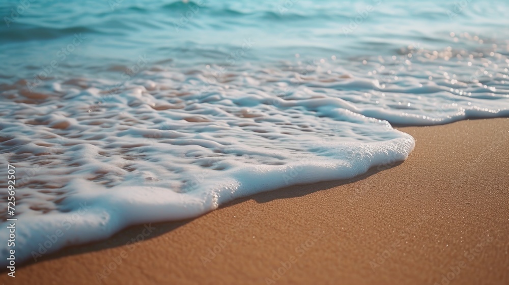 Poster a detailed close-up of a wave crashing on a sandy beach. perfect for capturing the beauty and power 