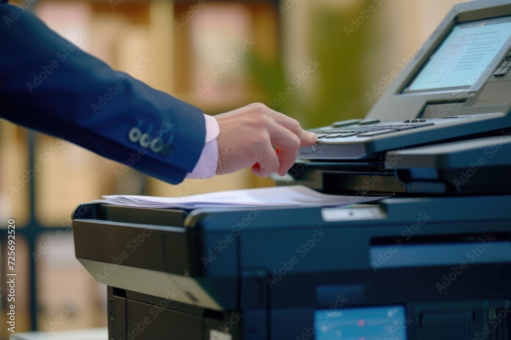 Aufkleber A man in a suit is using a printer. This image can be used to depict office work or technology in action