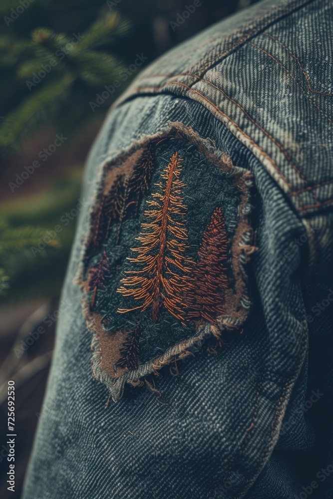 Poster A detailed close up view of a patch on a jacket. This image can be used to showcase the design or branding of the patch on various types of jackets