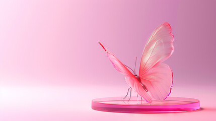 3d  podium made out of glass with holographic Butterfly. Pink background, space for text.