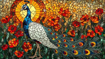 Stained glass art depicting a peacock with beautiful, fascinating feathers.