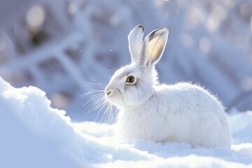 A white rabbit sitting in the snow. Perfect for winter-themed designs and animal lovers