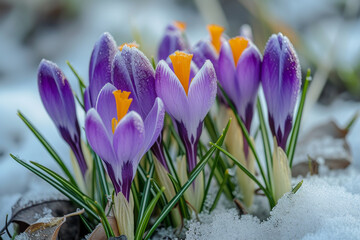 Crocuses emerging from snowy frozen ground announcing end of winter end beginning of spring season. Flowers background.