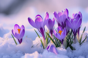 Crocuses emerging from snowy frozen ground announcing end of winter end beginning of spring season. Flowers background.