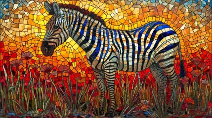 Stained glass window background with colorful Zebra abstract.	