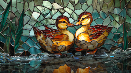 Stained glass window background with colorful duckling.