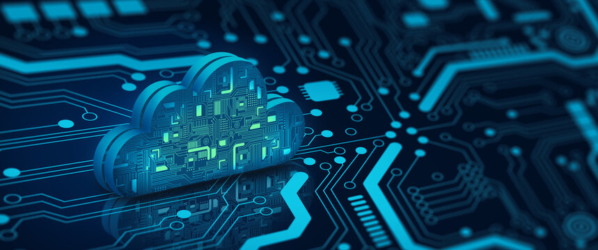 Cloud computing technology internet on Converging point of circuit with Abstract blue background. Cloud Service, Cloud Storage Concept. 3D illustration.