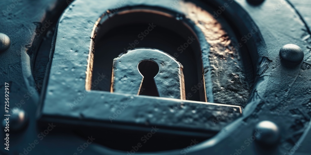 Poster a detailed close-up shot of a metal door featuring a keyhole. this image can be used to depict secur