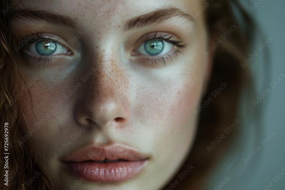 Poster a close-up view of a woman with beautiful freckles on her face. this image can be used to showcase n