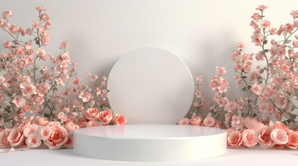 3d white podium background with pink roses. Mockup for product presentation. Display for cosmetics.