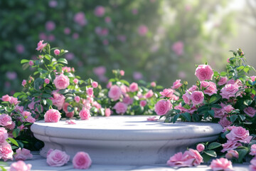 Fototapeta na wymiar 3d stone podium background in garden with pink roses. Mockup for product presentation. Display for cosmetics.