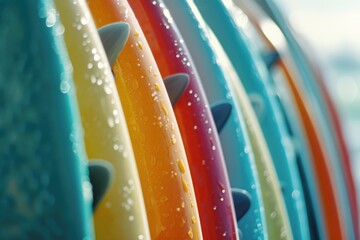 A row of surfboards lined up against each other. Perfect for beach and surfing-related designs