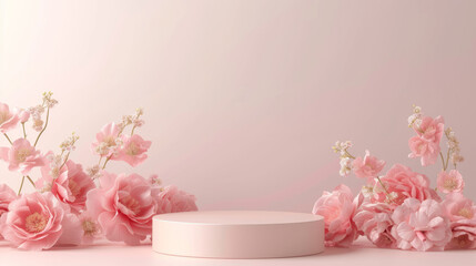 3d pink podium background with pink roses. Mockup for product presentation. Display for cosmetics.