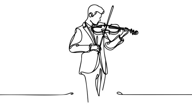 Continuous one line drawing of man playing violin in silhouette on a white background. Linear stylized